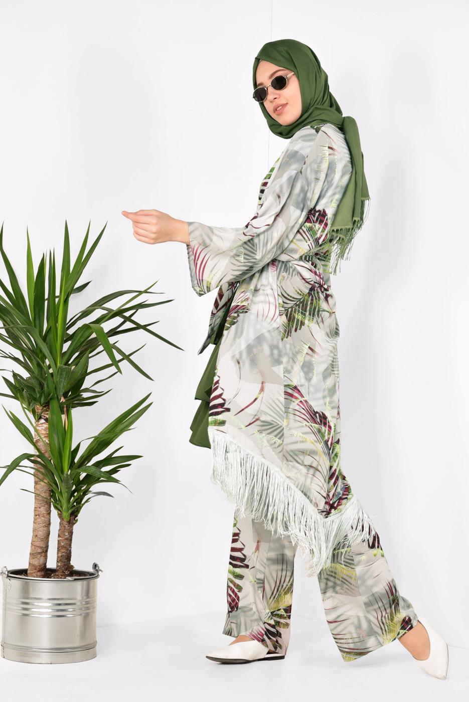 Tesettür giyim GRİ ALVİNA DESENLİ PÜSKÜLLÜ 2&prime;Lİ PANTOLONLU TAKIM 4998