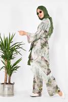 Tesettür giyim GRİ ALVİNA DESENLİ PÜSKÜLLÜ 2&prime;Lİ PANTOLONLU TAKIM 4998