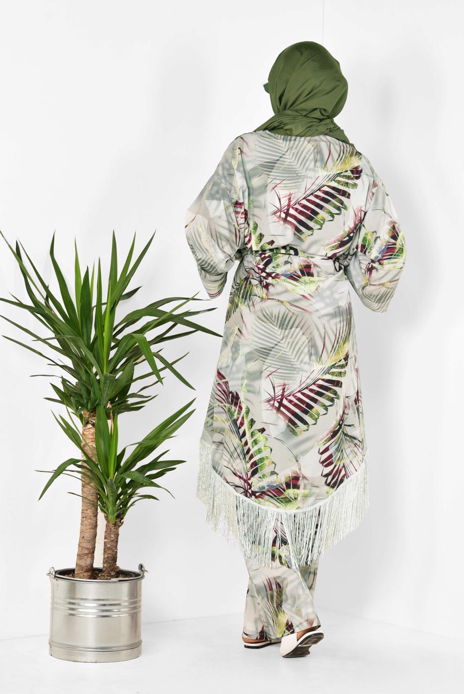 Tesettür giyim GRİ ALVİNA DESENLİ PÜSKÜLLÜ 2&prime;Lİ PANTOLONLU TAKIM 4998