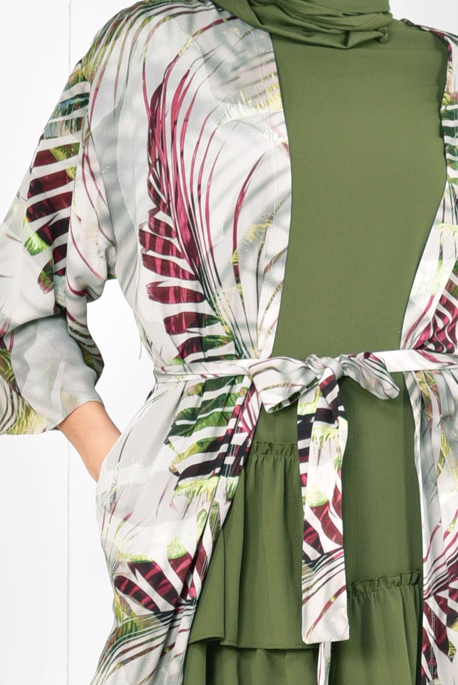 Tesettür giyim GRİ ALVİNA DESENLİ PÜSKÜLLÜ 2&prime;Lİ PANTOLONLU TAKIM 4998