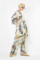 Tesettür giyim TURUNCU ALVİNA DESENLİ PÜSKÜLLÜ 2&prime;Lİ PANTOLONLU TAKIM 4998