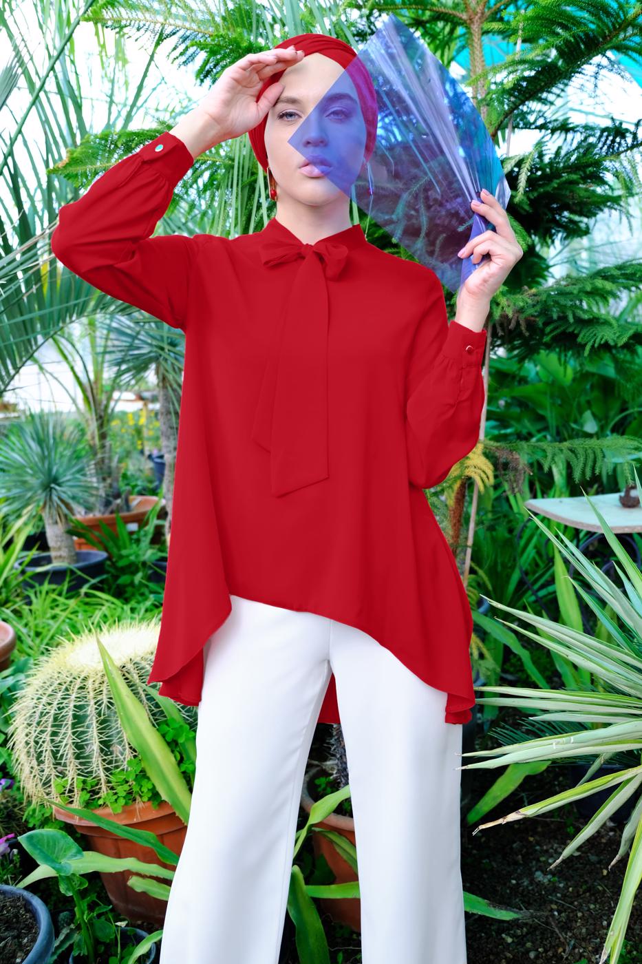 Vêtements hijab ROUGE TUNIQUE À COL NOUÉE 3496