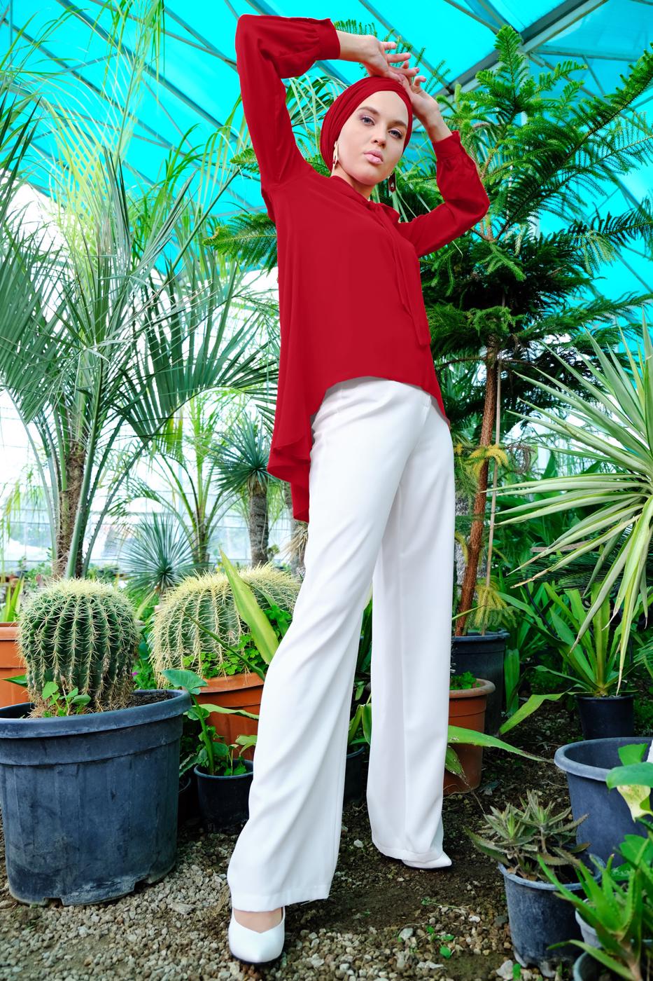Vêtements hijab ROUGE TUNIQUE À COL NOUÉE 3496