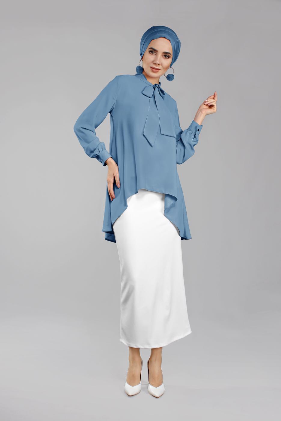 Vêtements hijab BLEU MARINE TUNIQUE À COL NOUÉE 3496