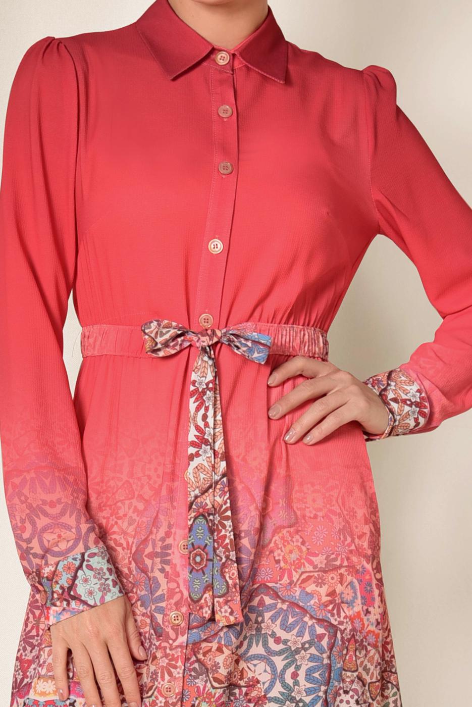 Tesettür giyim MERCAN ALVİNA BEL KISMI BÜZGÜ BAĞCIKLI TUNİK 4049