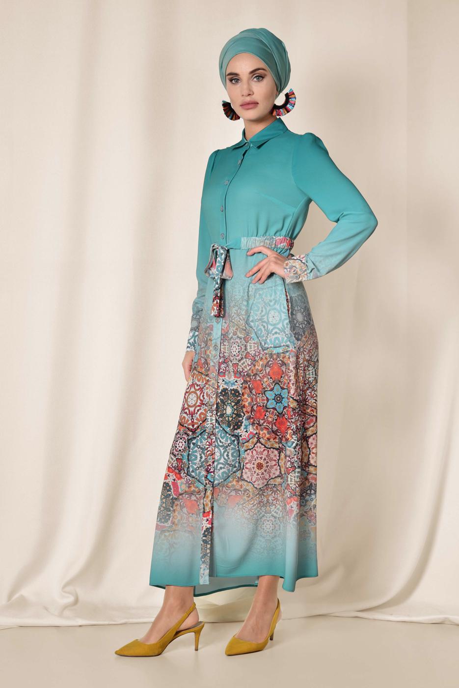 Tesettür giyim MAVİ ALVİNA BEL KISMI BÜZGÜ BAĞCIKLI TUNİK 4049