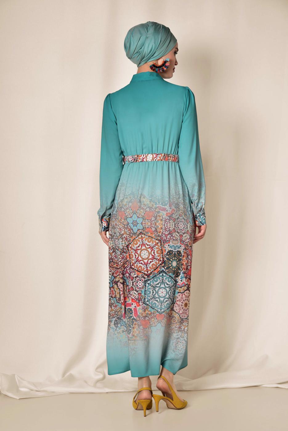 Tesettür giyim MAVİ ALVİNA BEL KISMI BÜZGÜ BAĞCIKLI TUNİK 4049