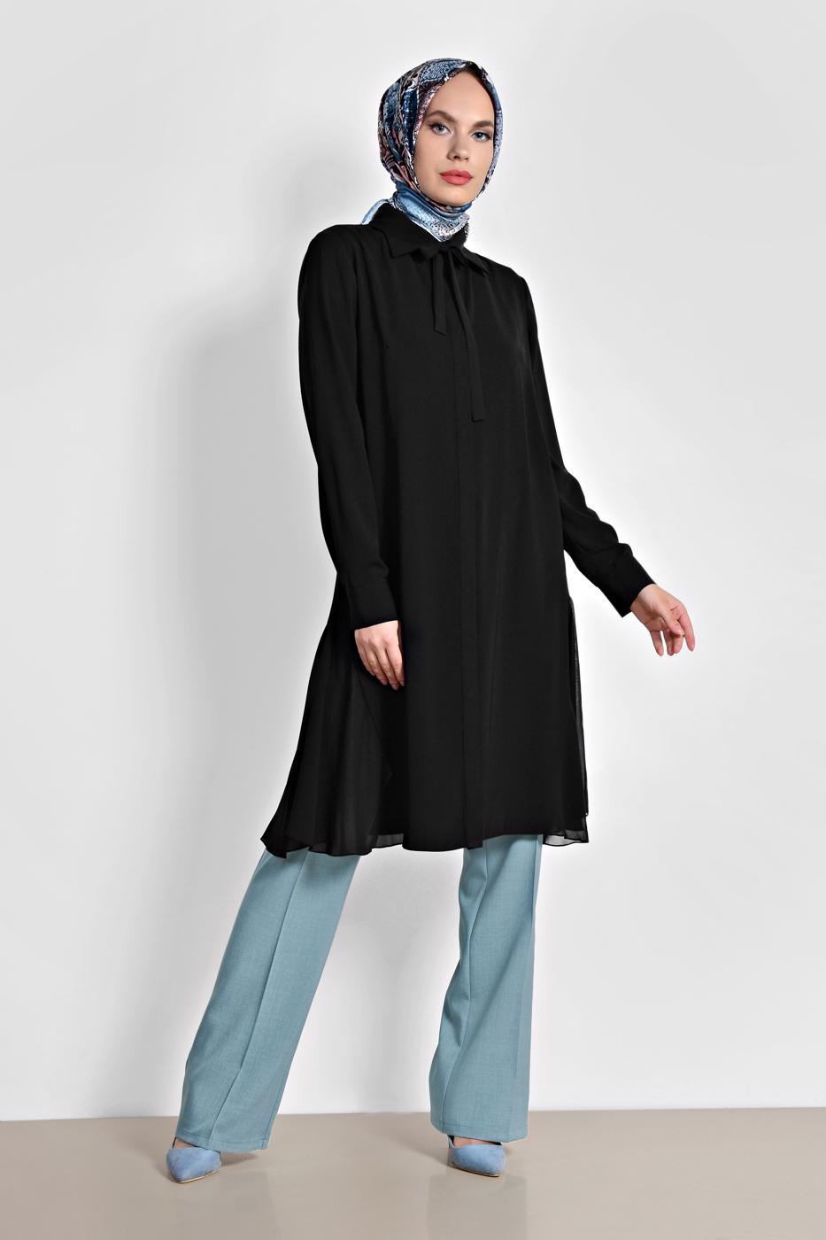 Tesettür giyim SİYAH ALVİNA YANLARI TÜL DETAYLI TUNİK 4060
