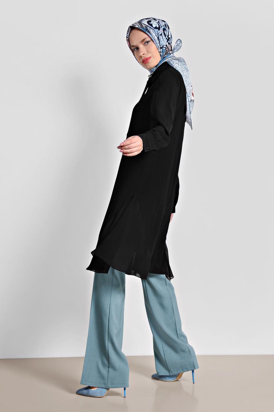 Tesettür giyim SİYAH ALVİNA YANLARI TÜL DETAYLI TUNİK 4060