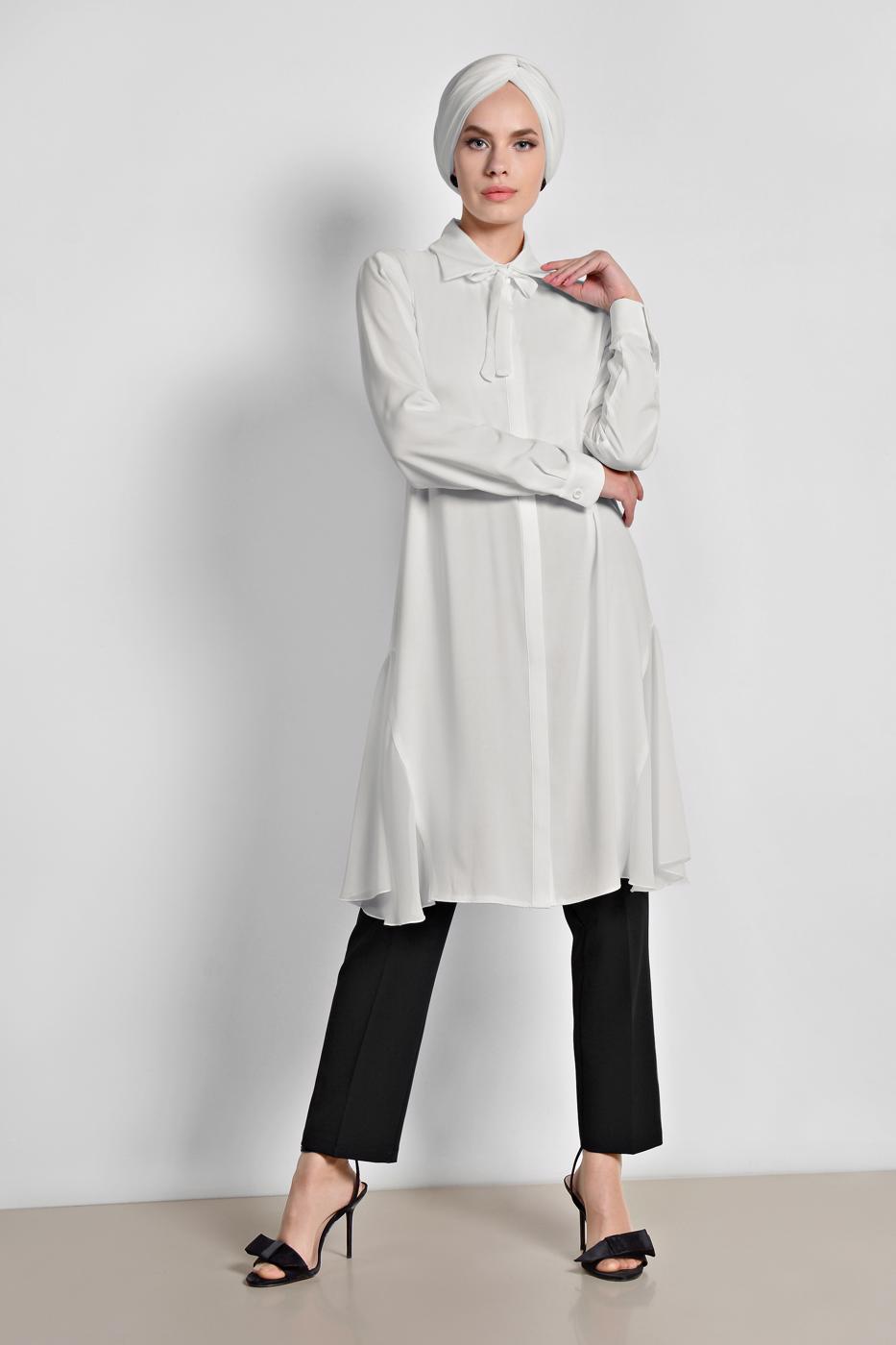 Tesettür giyim KREM ALVİNA YANLARI TÜL DETAYLI TUNİK 4060