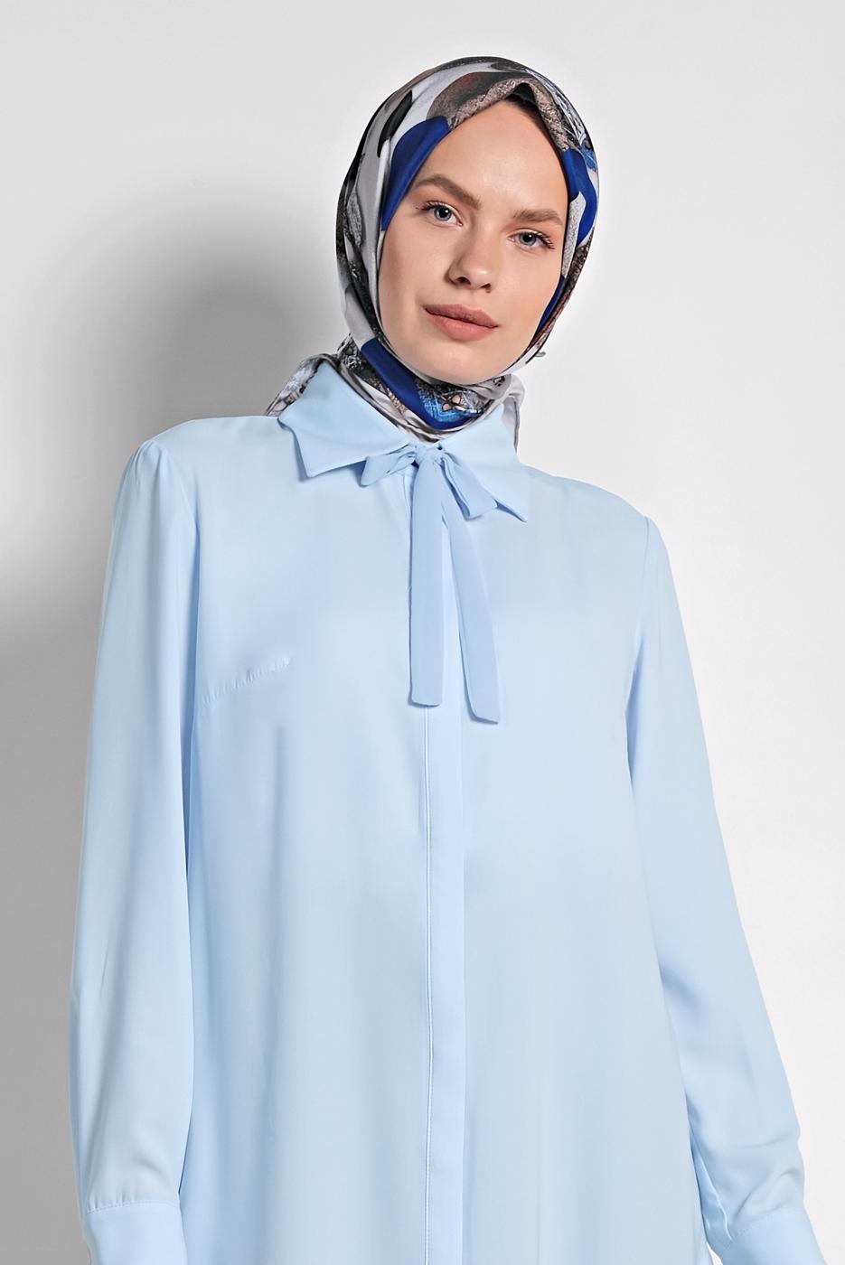Tesettür giyim MAVİ ALVİNA YANLARI TÜL DETAYLI TUNİK 4060