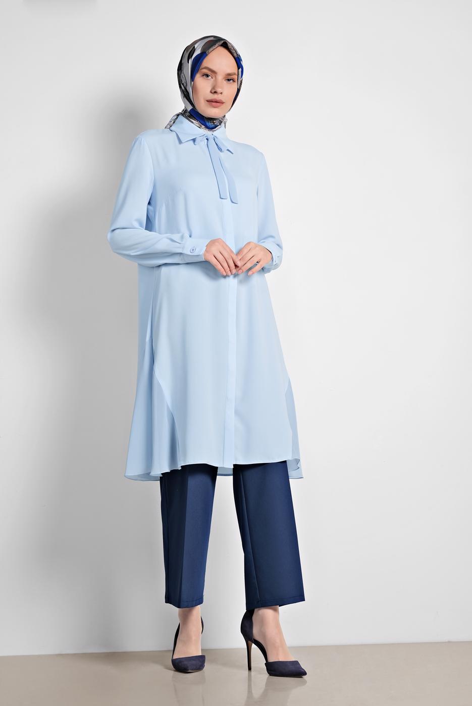 Tesettür giyim MAVİ ALVİNA YANLARI TÜL DETAYLI TUNİK 4060