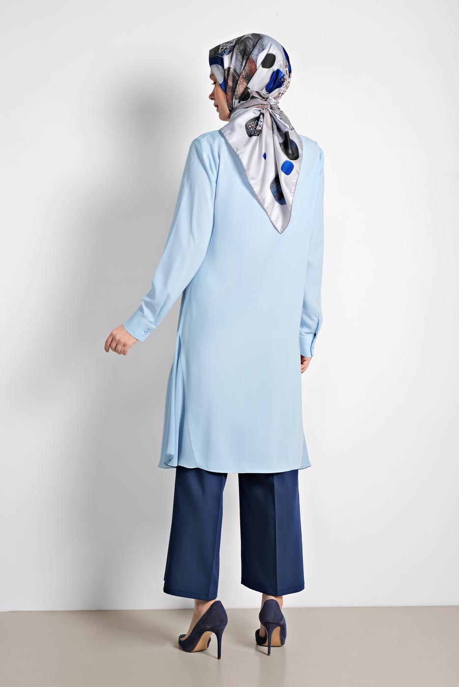 Tesettür giyim MAVİ ALVİNA YANLARI TÜL DETAYLI TUNİK 4060