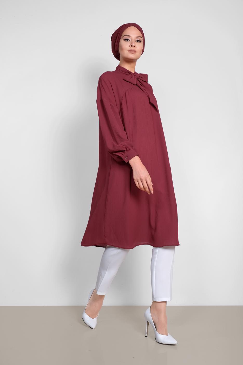 Tesettür giyim BORDO ALVİNA YAKASI BAĞLAMALI SALAŞ TUNİK 4111