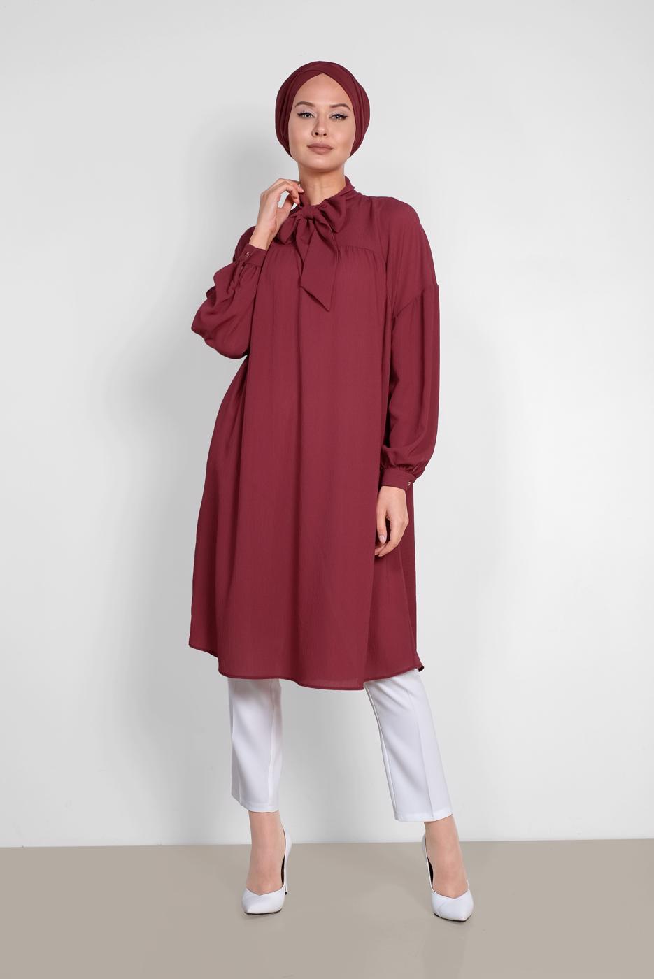 Tesettür giyim BORDO ALVİNA YAKASI BAĞLAMALI SALAŞ TUNİK 4111