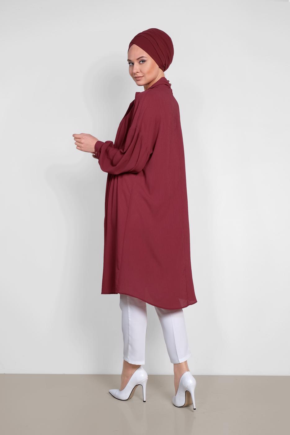 Tesettür giyim BORDO ALVİNA YAKASI BAĞLAMALI SALAŞ TUNİK 4111