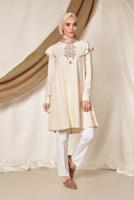 Tesettür giyim BEJ ALVİNA YAKA KISMI FIRFIRLI NAKIŞ DETAYLI TUNİK 4120