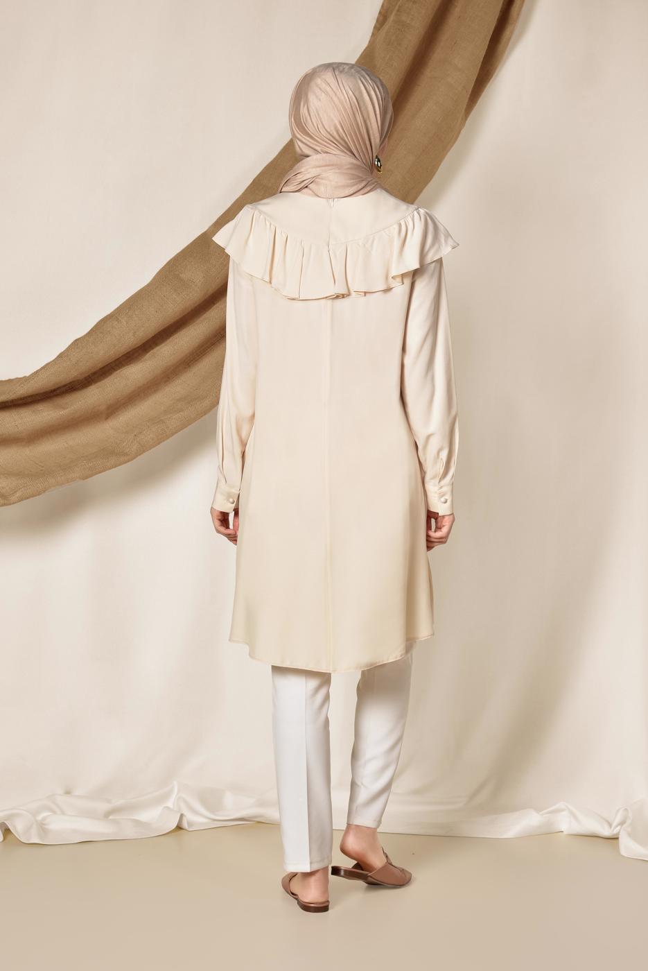 Tesettür giyim BEJ ALVİNA YAKA KISMI FIRFIRLI NAKIŞ DETAYLI TUNİK 4120