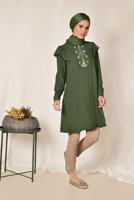 Tesettür giyim HAKİ ALVİNA YAKA KISMI FIRFIRLI NAKIŞ DETAYLI TUNİK 4120