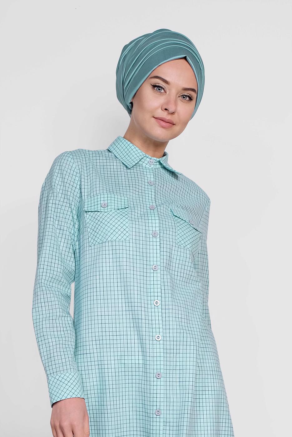 Tesettür giyim YEŞİL ALVİNA ÇİZGİLİ CEPLİ TUNİK 4149