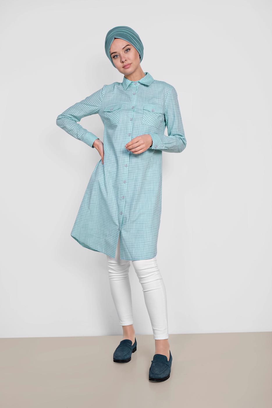 Tesettür giyim YEŞİL ALVİNA ÇİZGİLİ CEPLİ TUNİK 4149