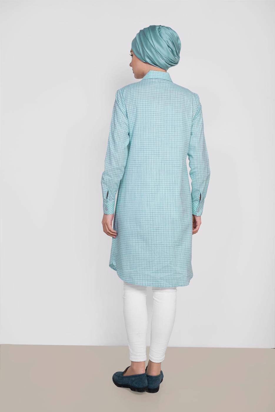 Tesettür giyim YEŞİL ALVİNA ÇİZGİLİ CEPLİ TUNİK 4149