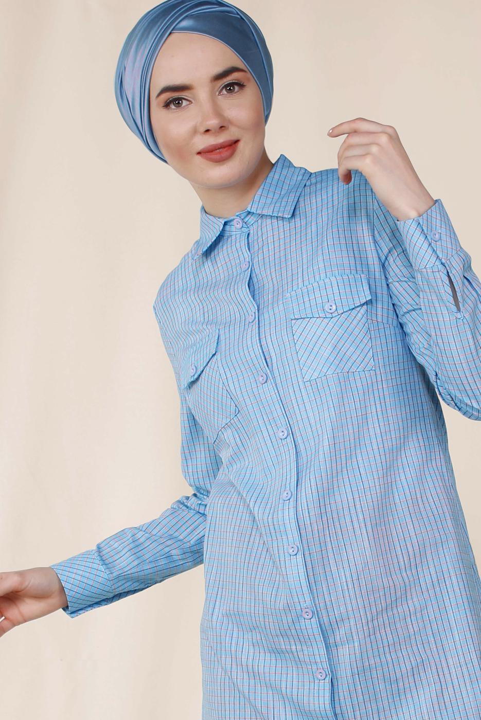 Tesettür giyim MAVİ ALVİNA ÇİZGİLİ CEPLİ TUNİK 4149