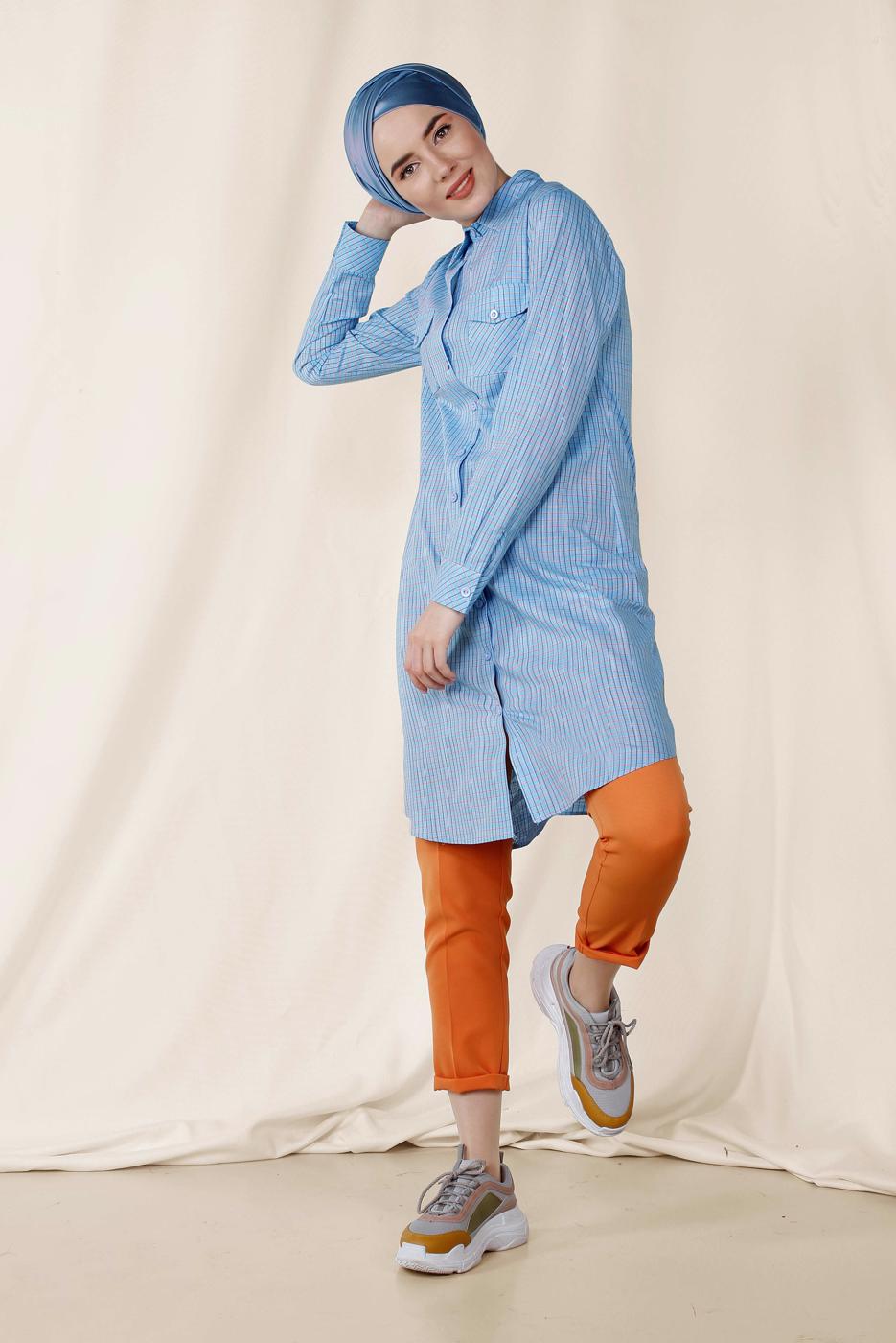 Tesettür giyim MAVİ ALVİNA ÇİZGİLİ CEPLİ TUNİK 4149