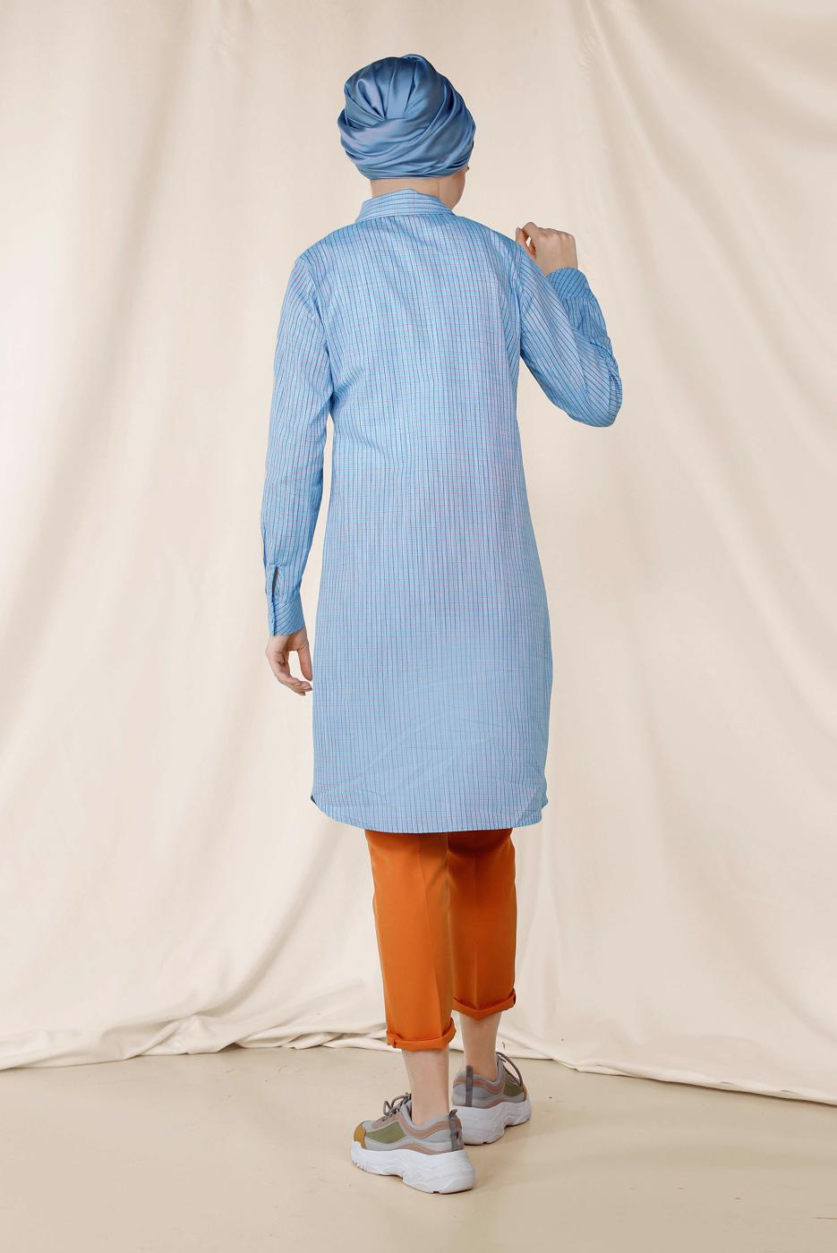 Tesettür giyim MAVİ ALVİNA ÇİZGİLİ CEPLİ TUNİK 4149