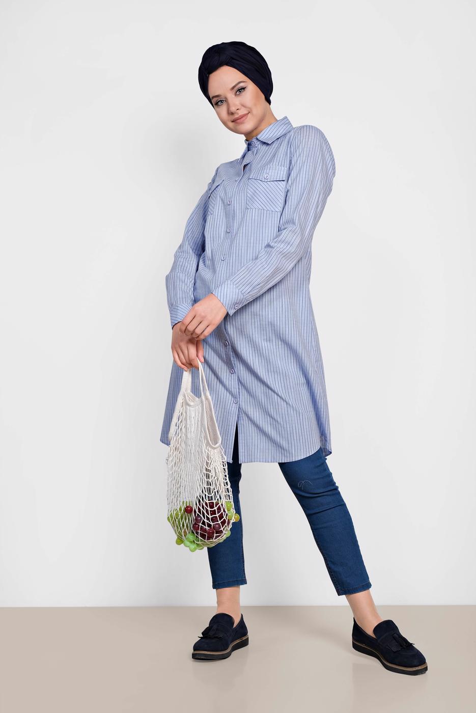 Tesettür giyim MAVİ ALVİNA ÇİZGİLİ CEPLİ TUNİK 4149