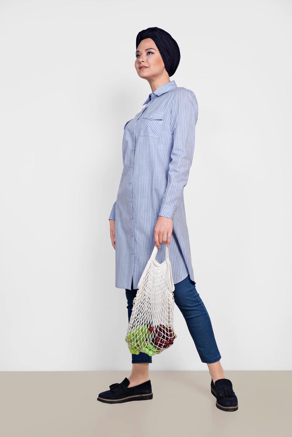 Tesettür giyim MAVİ ALVİNA ÇİZGİLİ CEPLİ TUNİK 4149