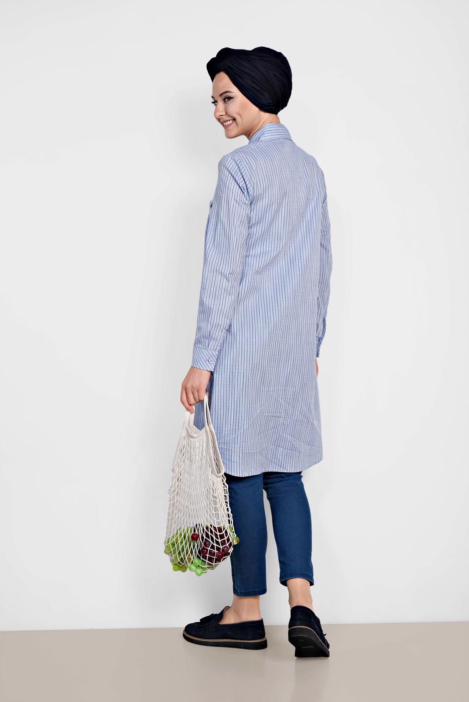Tesettür giyim MAVİ ALVİNA ÇİZGİLİ CEPLİ TUNİK 4149