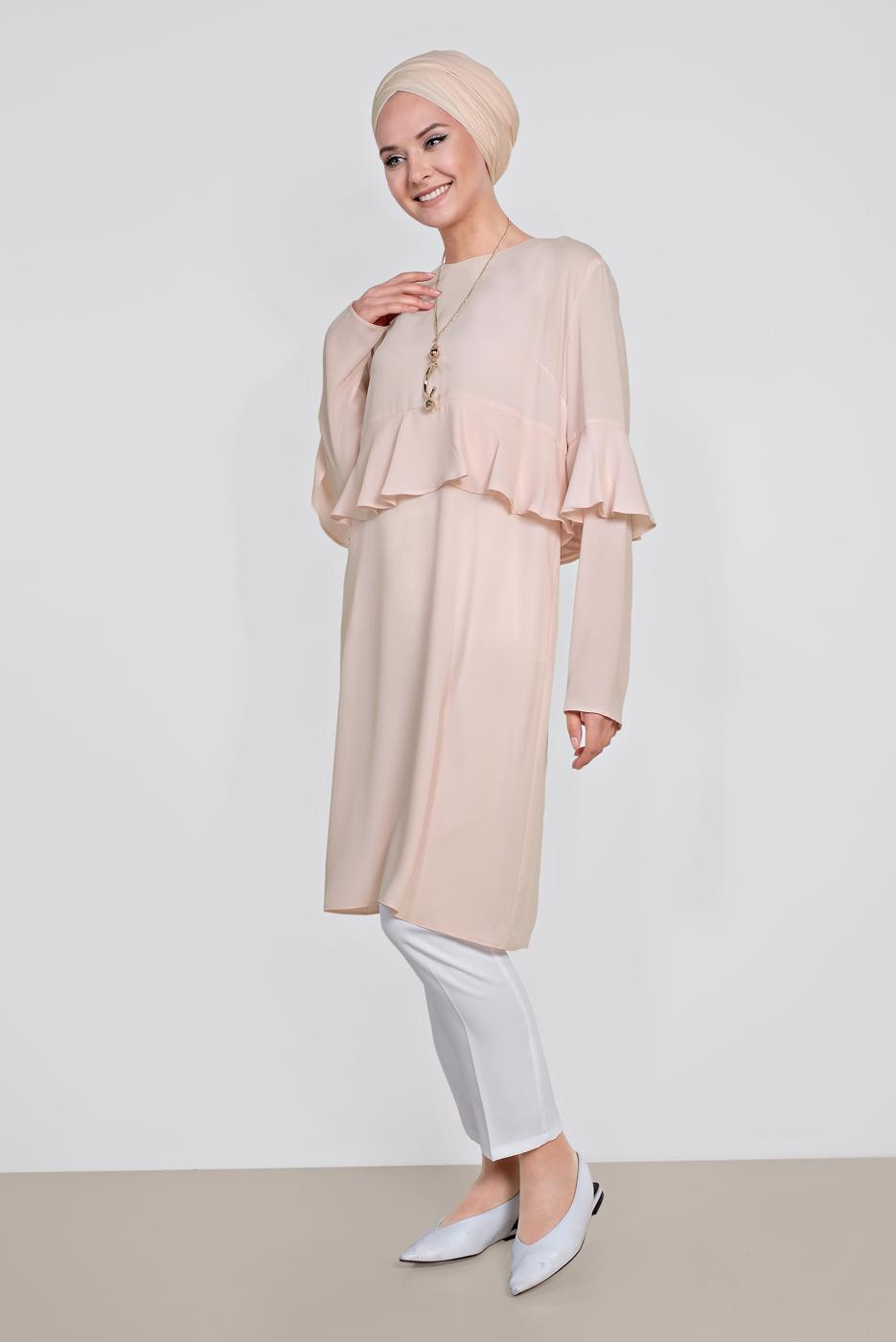 Tesettür giyim PUDRA ALVİNA FIRFIRLI TUNİK 4180