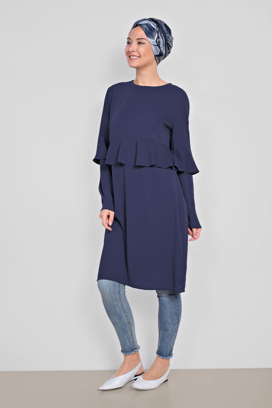 Tesettür giyim LACİVERT ALVİNA FIRFIRLI TUNİK 4180