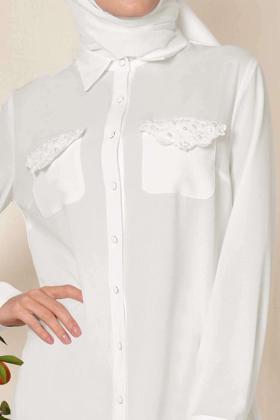 Tesettür giyim KREM ALVİNA CEP KISMI İŞLEME DETAYLI TUNİK 4215