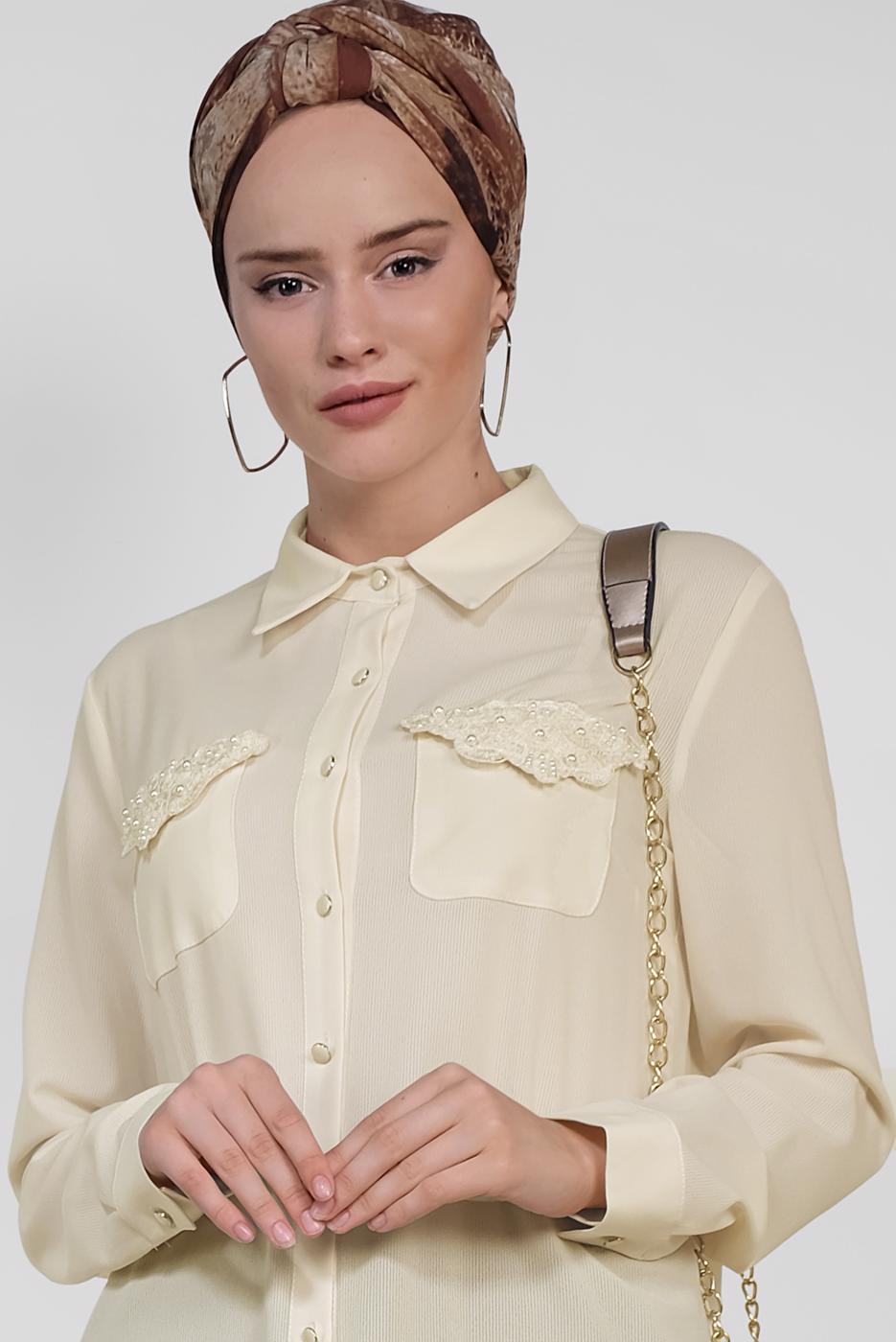 Tesettür giyim BEJ ALVİNA CEP KISMI İŞLEME DETAYLI TUNİK 4215