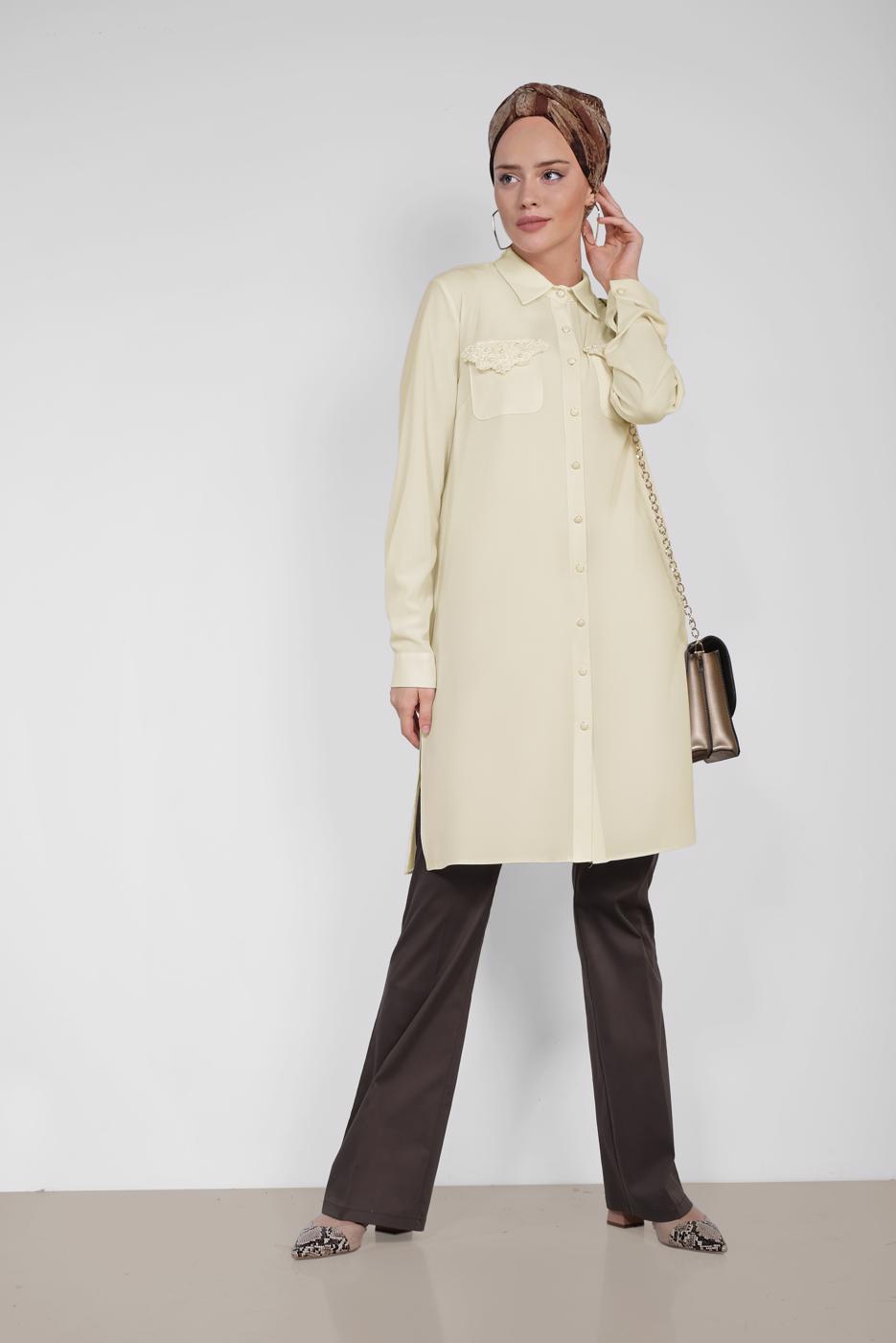 Tesettür giyim BEJ ALVİNA CEP KISMI İŞLEME DETAYLI TUNİK 4215