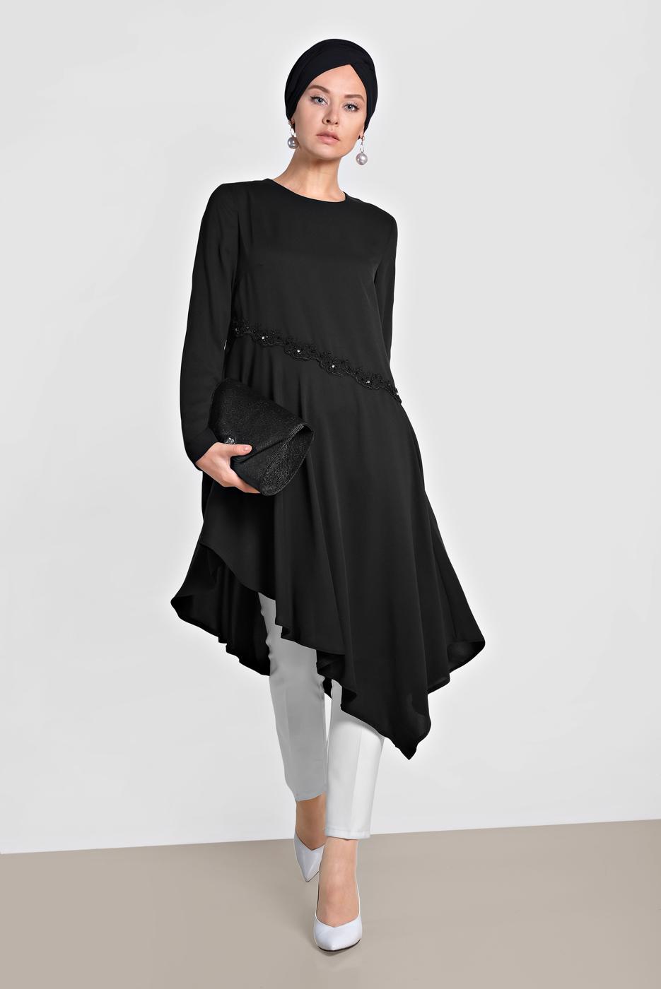 Tesettür giyim SİYAH ALVİNA ASİMETRİK KESİM TUNİK 4250