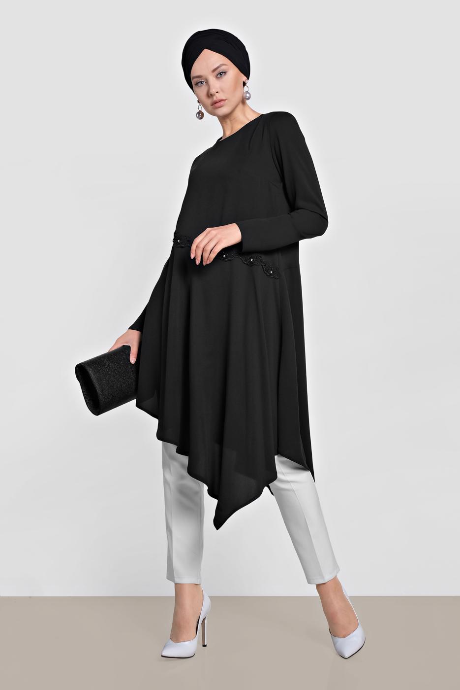 Tesettür giyim SİYAH ALVİNA ASİMETRİK KESİM TUNİK 4250