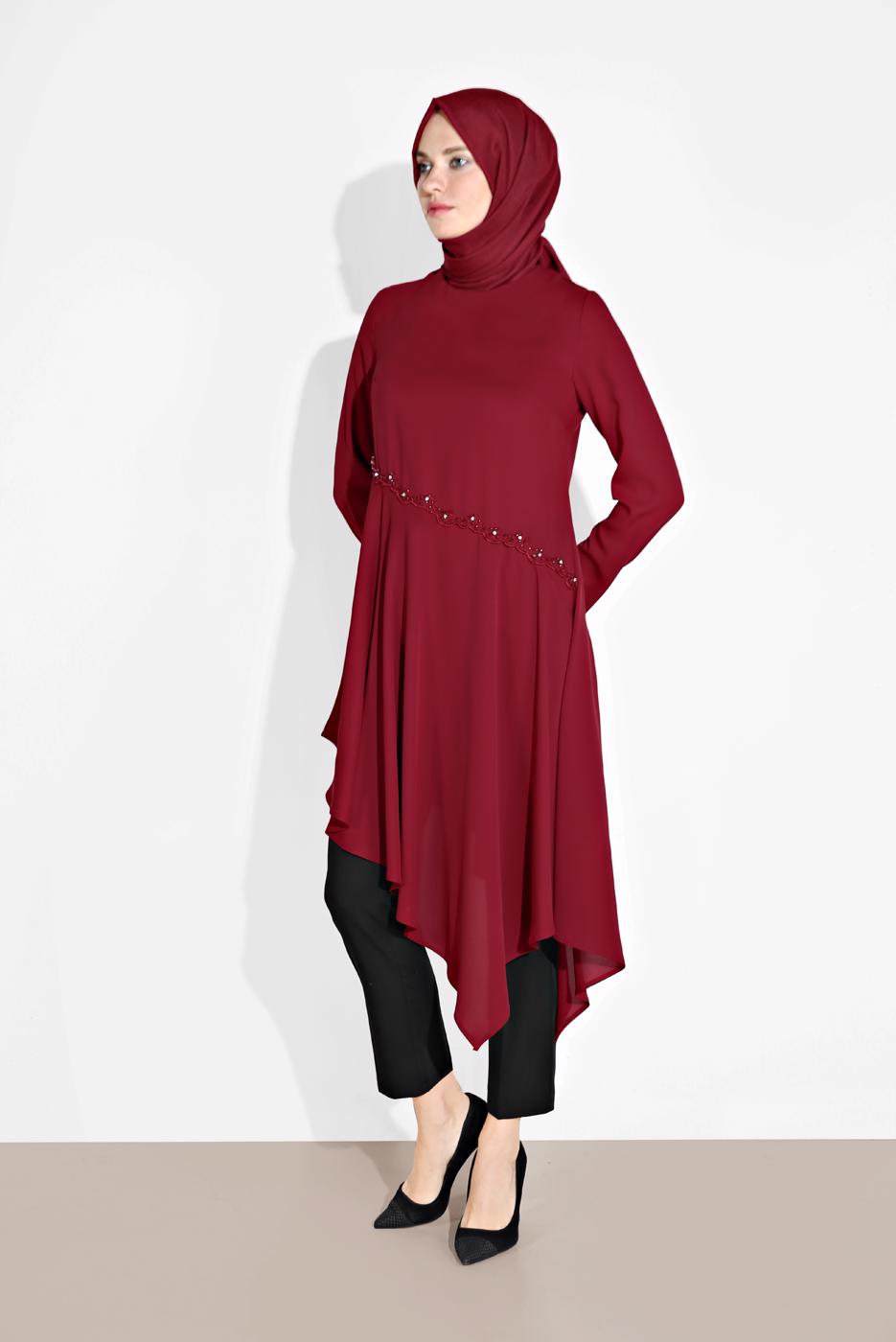 Tesettür giyim BORDO ALVİNA ASİMETRİK KESİM TUNİK 4250