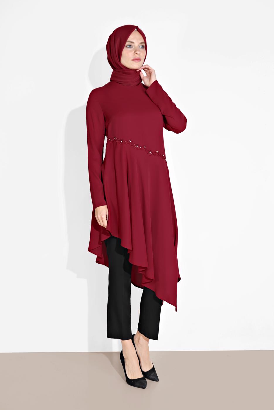 Tesettür giyim BORDO ALVİNA ASİMETRİK KESİM TUNİK 4250