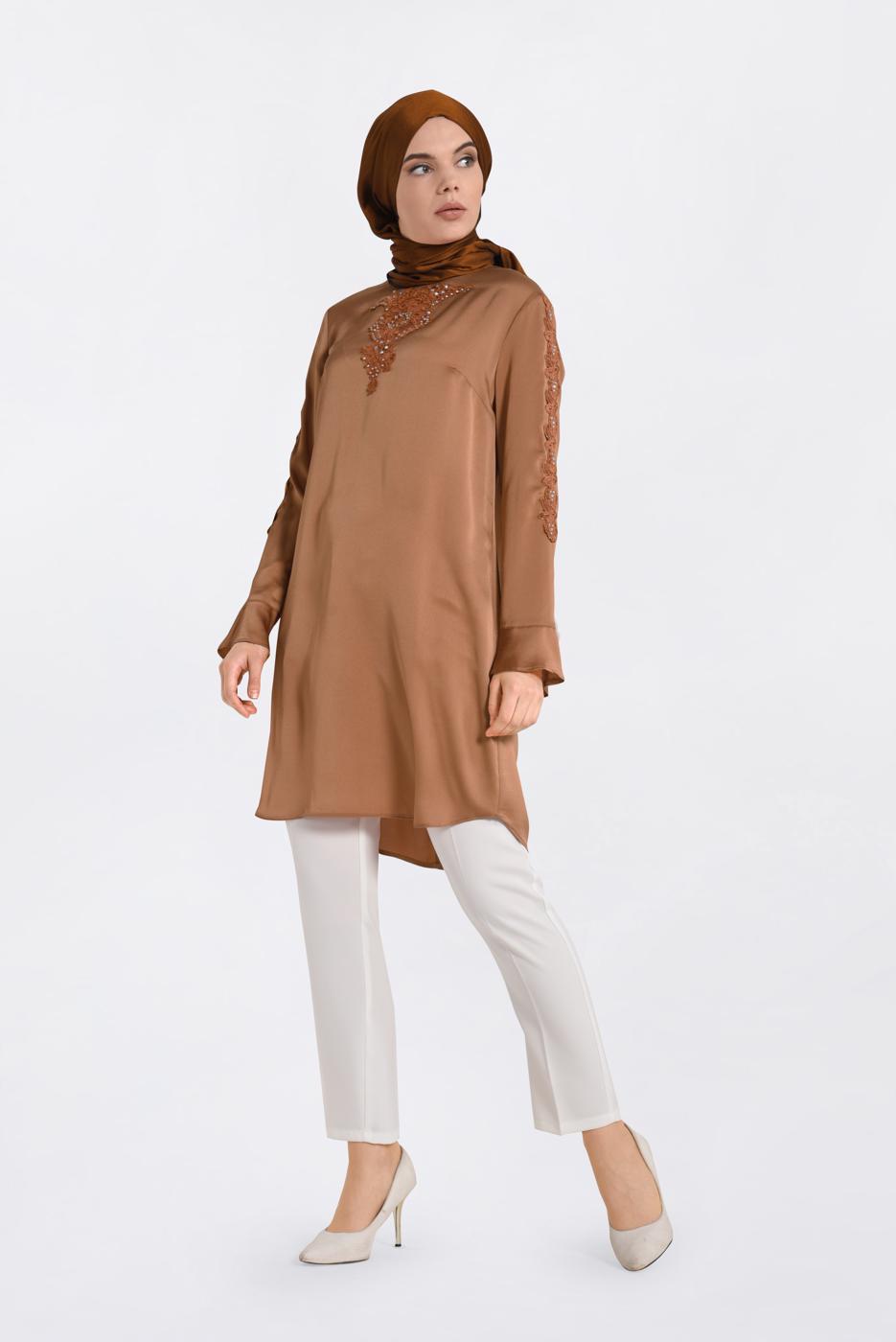 Tesettür giyim KAHVE ALVİNA İŞLEMELİ TUNİK 4301
