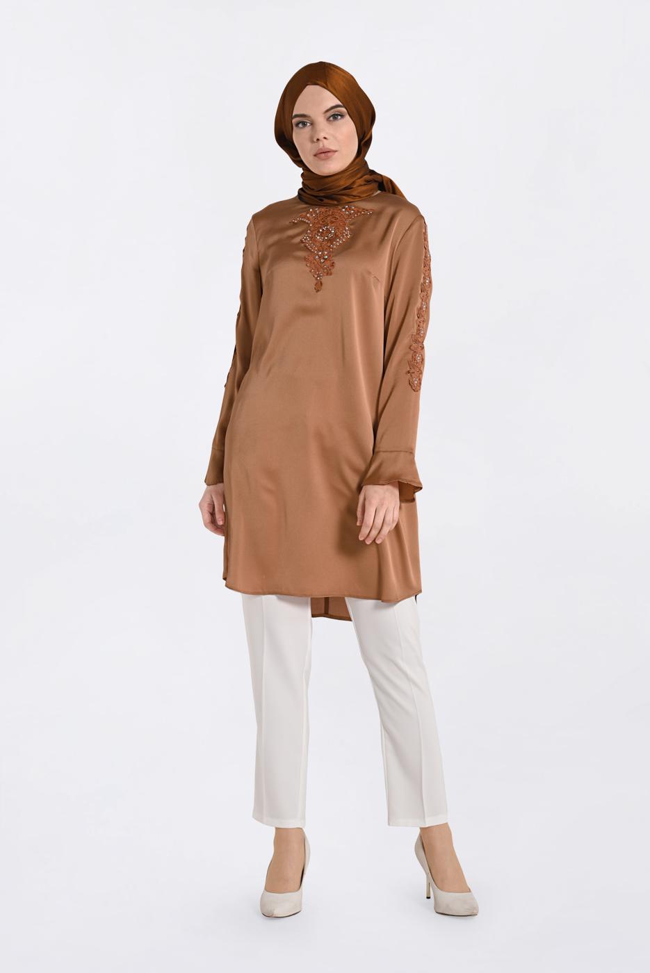 Tesettür giyim KAHVE ALVİNA İŞLEMELİ TUNİK 4301