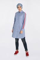 Tesettür giyim MAVİ ŞERİT DETAYLI EKOSE TUNİK 4349