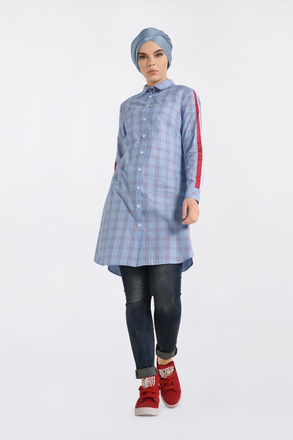 Tesettür giyim MAVİ ŞERİT DETAYLI EKOSE TUNİK 4349