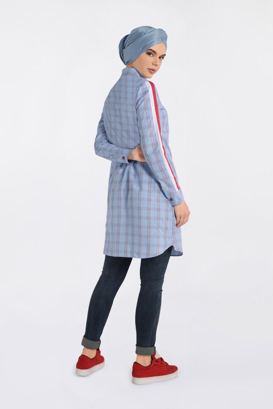 Tesettür giyim MAVİ ŞERİT DETAYLI EKOSE TUNİK 4349