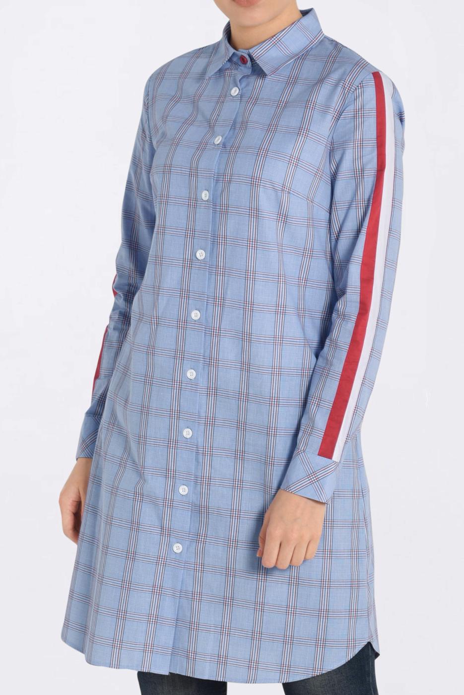 Tesettür giyim MAVİ ŞERİT DETAYLI EKOSE TUNİK 4349