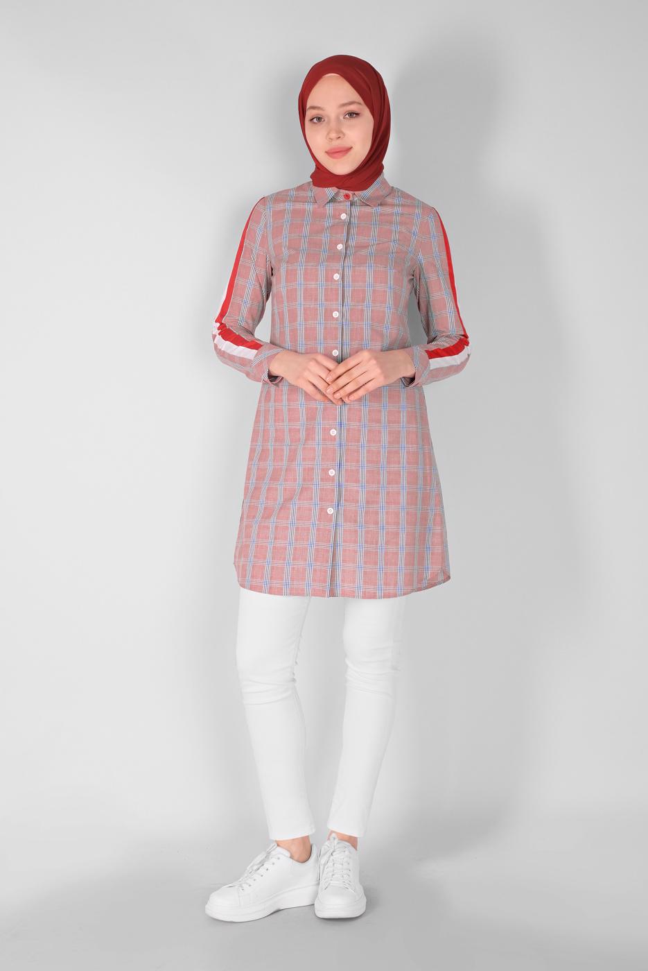 Tesettür giyim KIRMIZI ŞERİT DETAYLI EKOSE TUNİK 4349