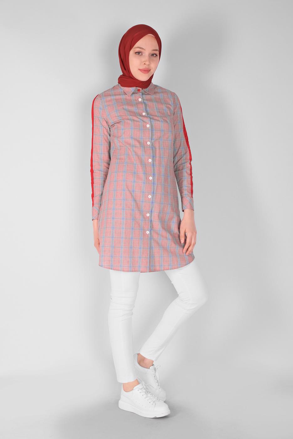 Tesettür giyim KIRMIZI ŞERİT DETAYLI EKOSE TUNİK 4349