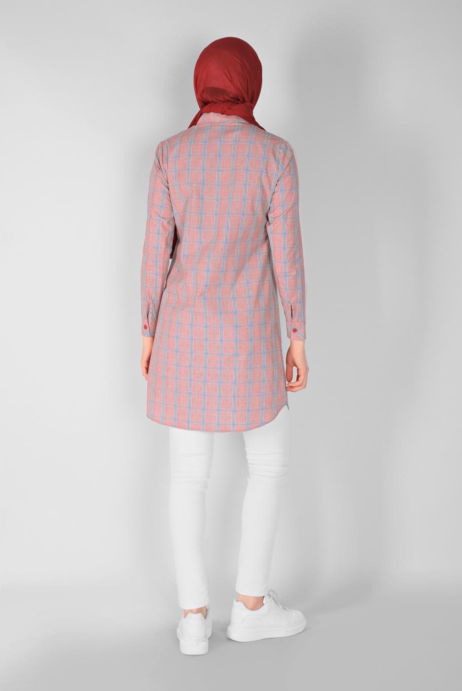 Tesettür giyim KIRMIZI ŞERİT DETAYLI EKOSE TUNİK 4349